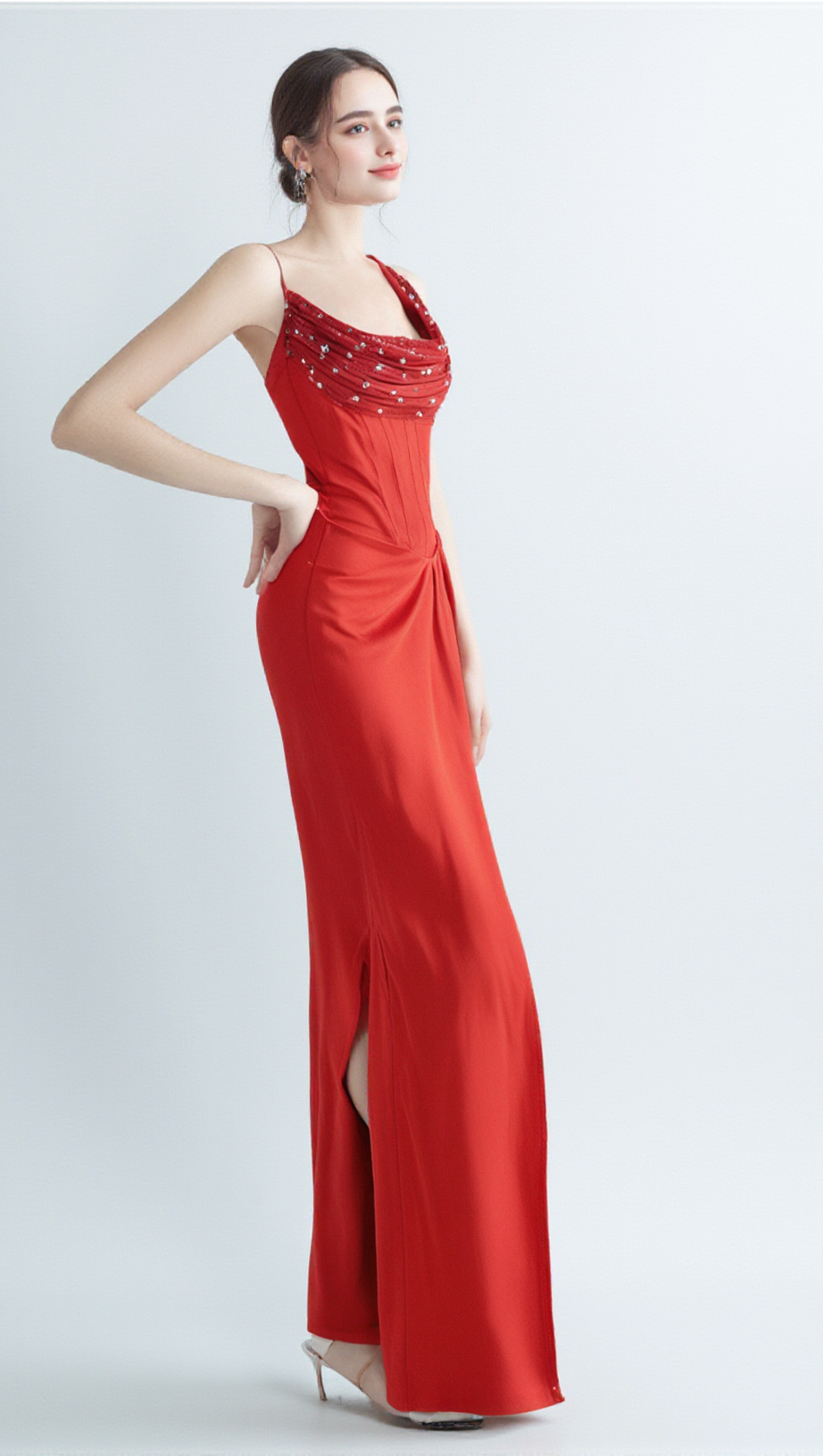 ELMA ONE-SHOULDER CRYSTAL DETAIL HIGH SLIT MAXI DRESS IN RED