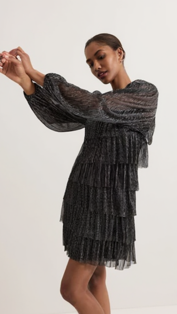 AIIZIE LAYER CHIFFON PUFF MINI DRESS IN BLACK - product image