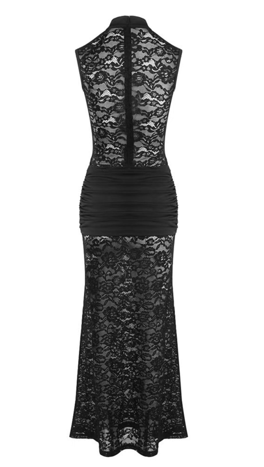 SULTRY BLACK LACE CHEONGSAM GOWN WITH RUCHED WAIST AND MANDARIN COLLAR