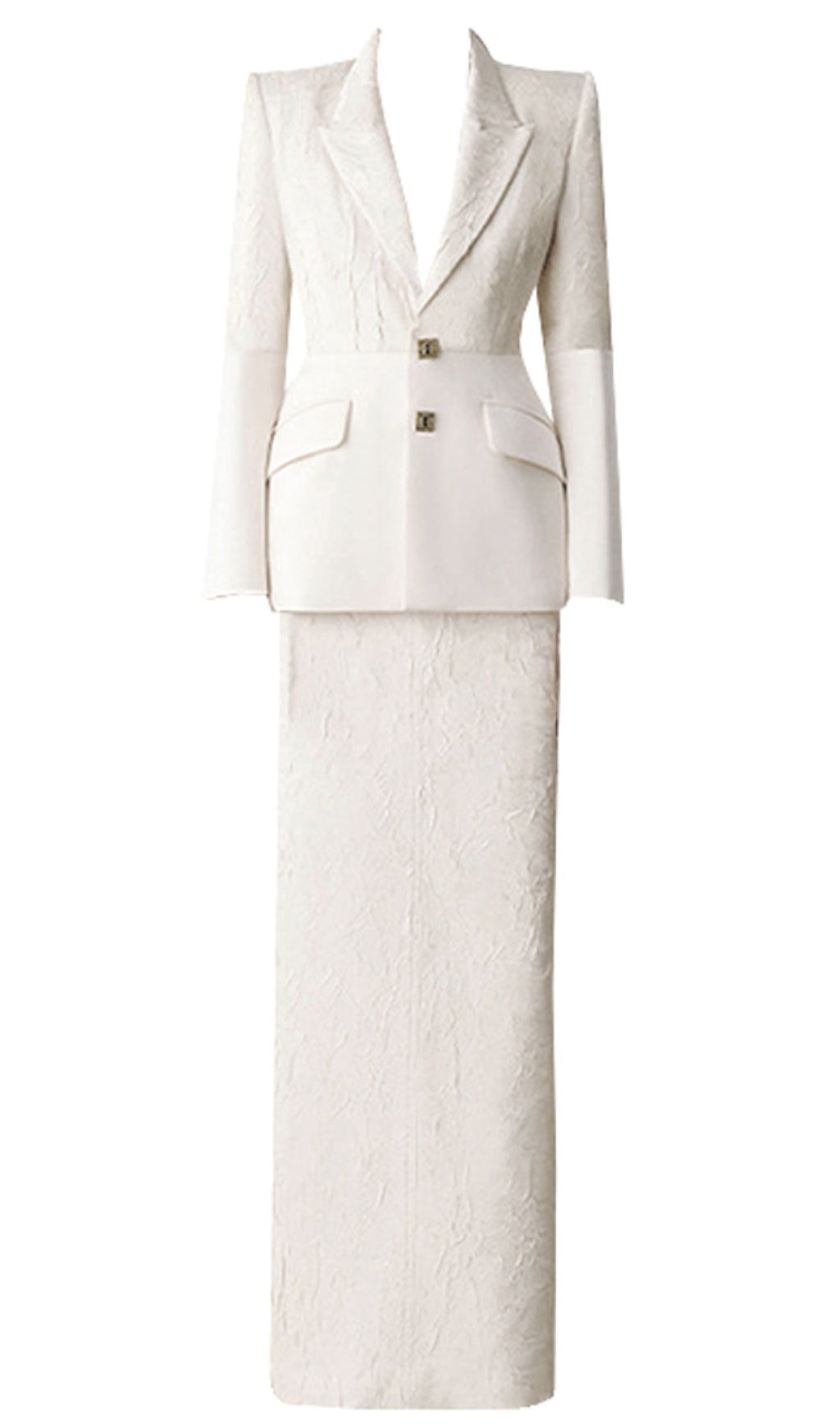 COMPLETO MIDI DUE PEZZI A MANICHE LUNGHE CON MOTIVO FLOREALE AVORIO