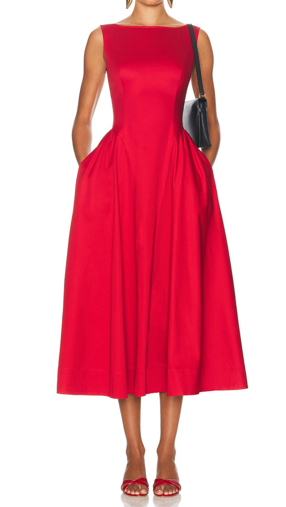 STRETCH COTTON SATEEN MIDI DRESS IN RED