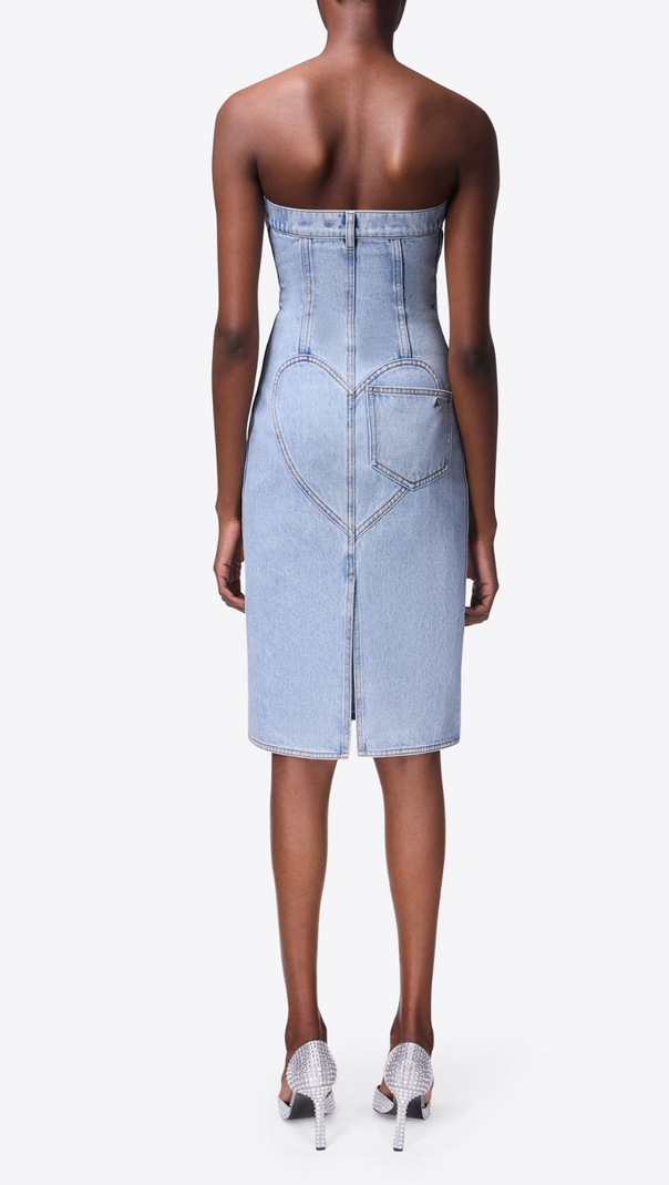 AIIZIE FLOWER CORSAGE STRAPLESS MIDI DRESS IN LIGHT WASH BLUE - product image