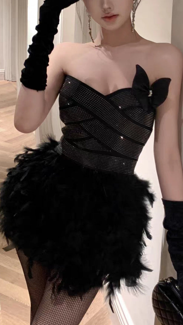 AIIZIE RHINESTONE FEATHER STRAPLESS MINI DRESS IN BLACK - product image