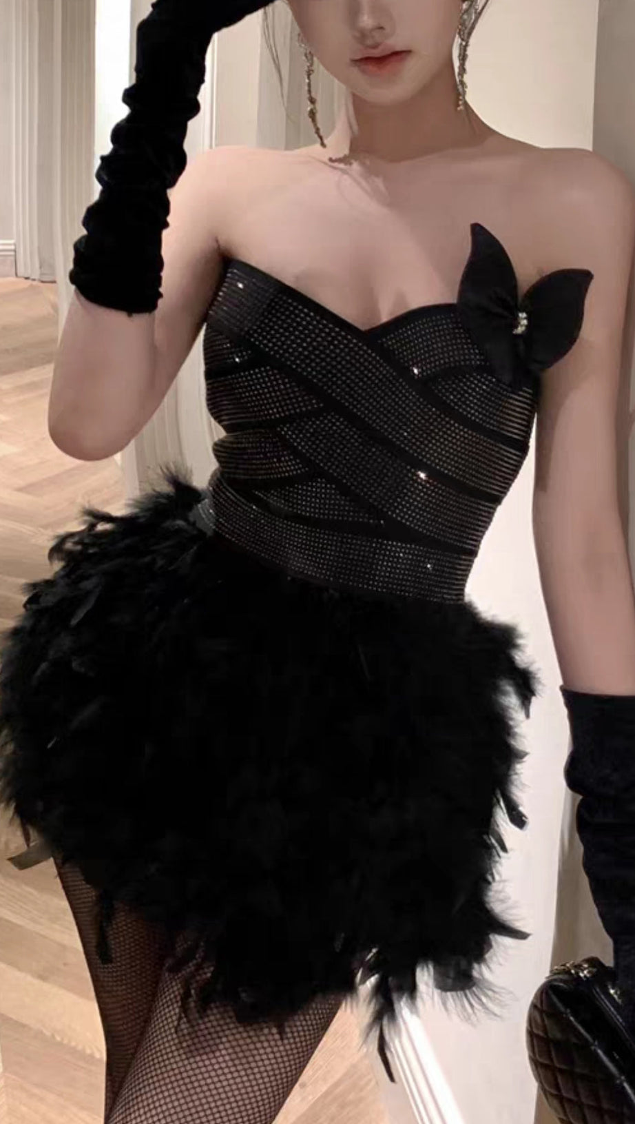 RHINESTONE FEATHER STRAPLESS MINI DRESS IN BLACK