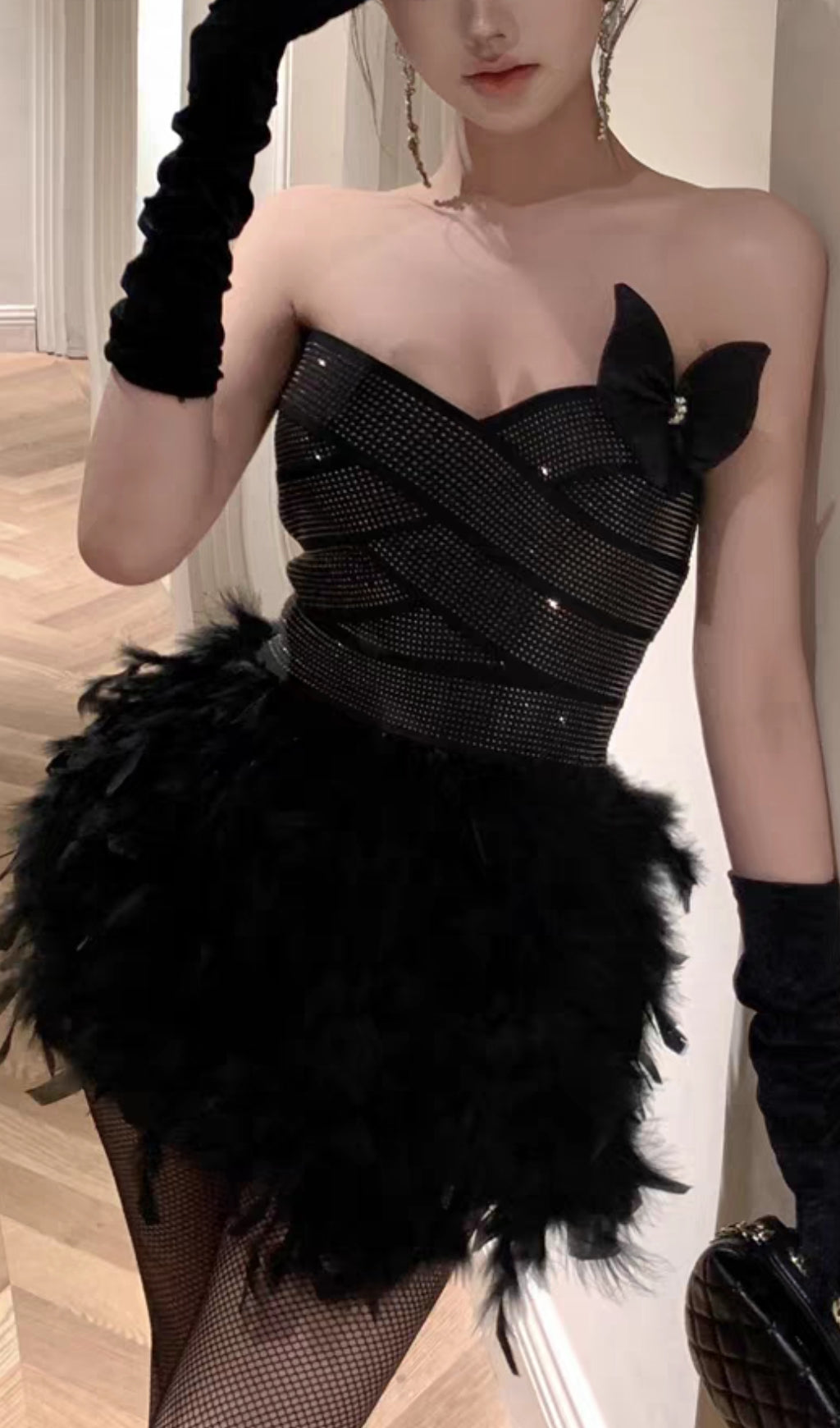 AIIZIE RHINESTONE FEATHER STRAPLESS MINI DRESS IN BLACK - product image