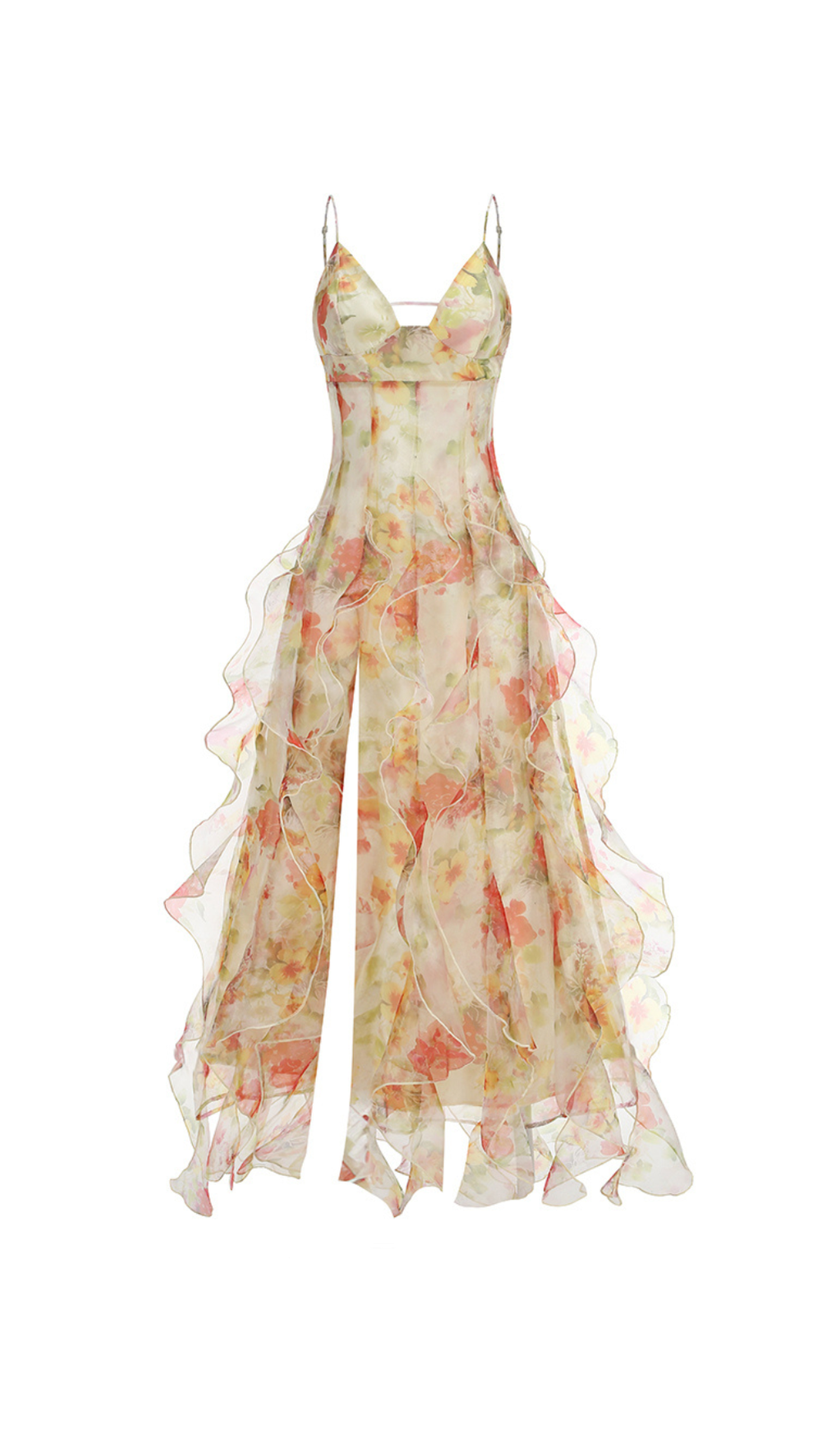 BELINDA YELLOW FLORAL VERTICAL RUFFLE TRIM MAXI DRESS