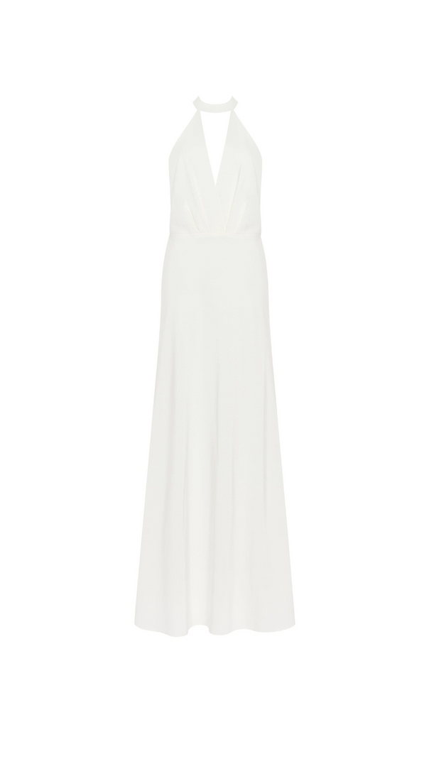 RACHEL WHITE HALTER SATIN BACK CUTOUT MAXI DRESS