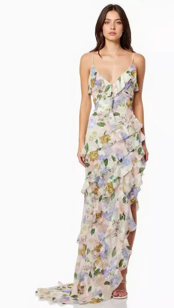 AIIZIE ASYMMETRICAL RUFFLE TRIM PRINT GOWN IN PINK - product image
