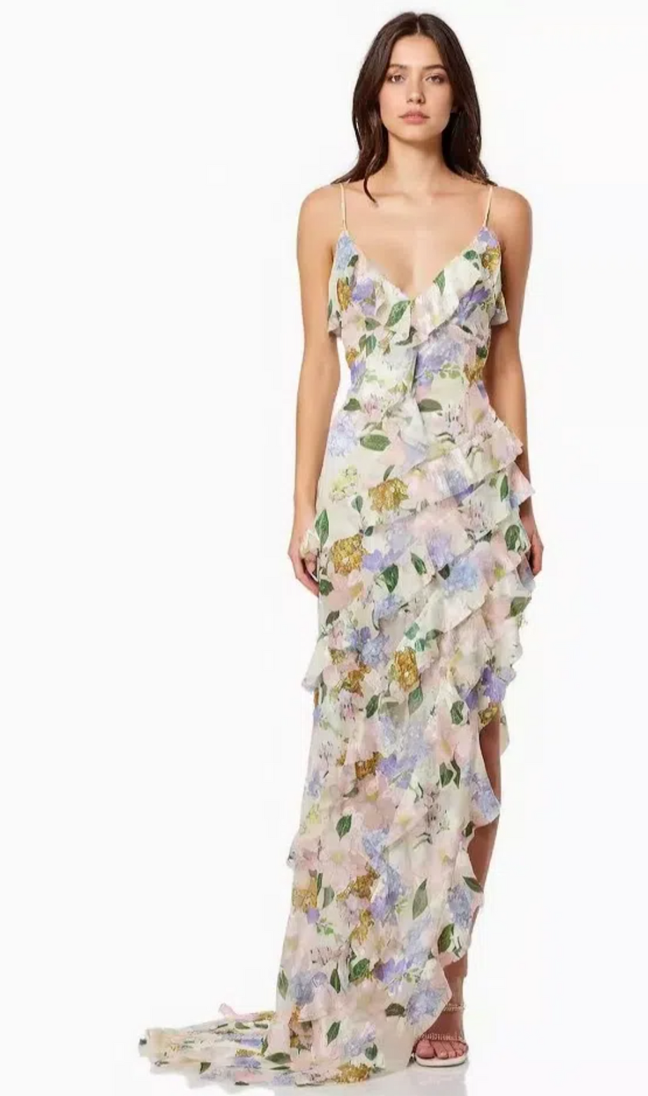 ASYMMETRICAL RUFFLE TRIM PRINT GOWN IN PINK