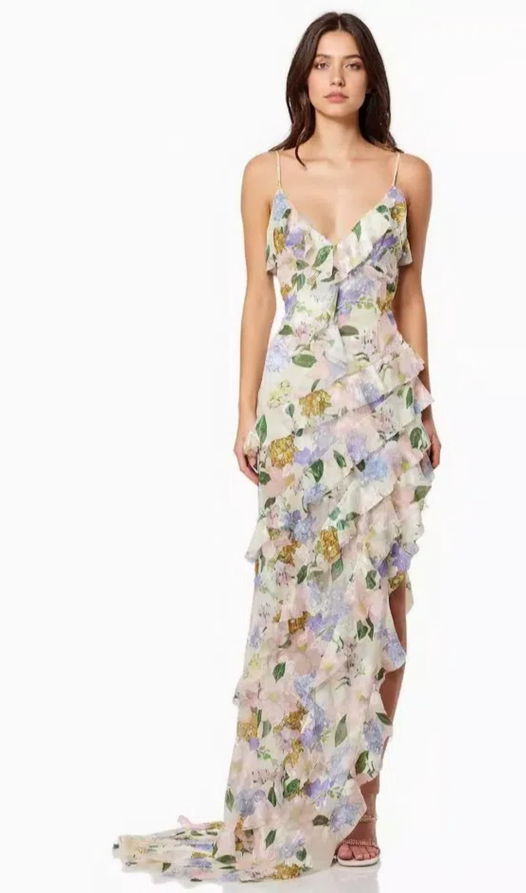 ASYMMETRICAL RUFFLE TRIM PRINT GOWN IN PINK
