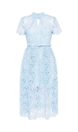 BLUE GUIPURE LACE A LINE MIDI DRESS