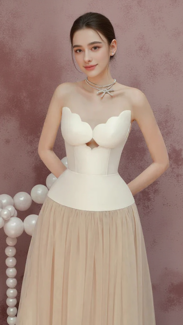 AIIZIE TWO-TONE HOLLOW TUBE TOP TULLE MIDI DRESS - product image