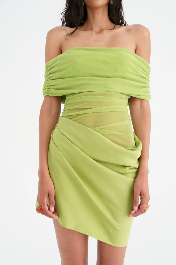 MINI ABITO IN RETE CON SPALLE SCOPERTE E RUCHES VERDE
