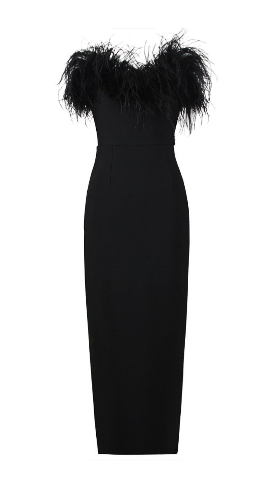 FEATHER BODYCON MAXI DRESS IN BLACK