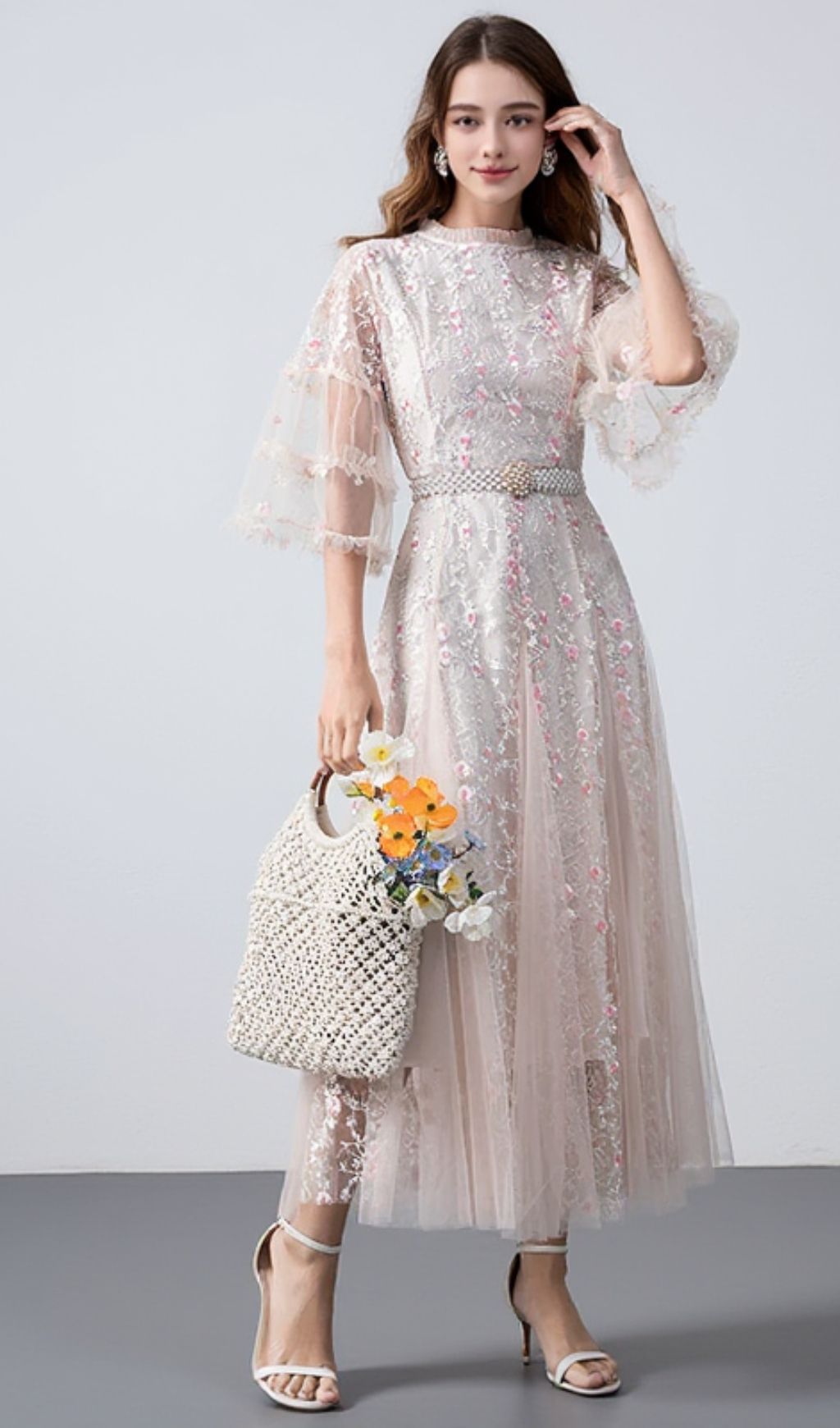 FLOWER MESH MIDI DRESS IN APRICOT