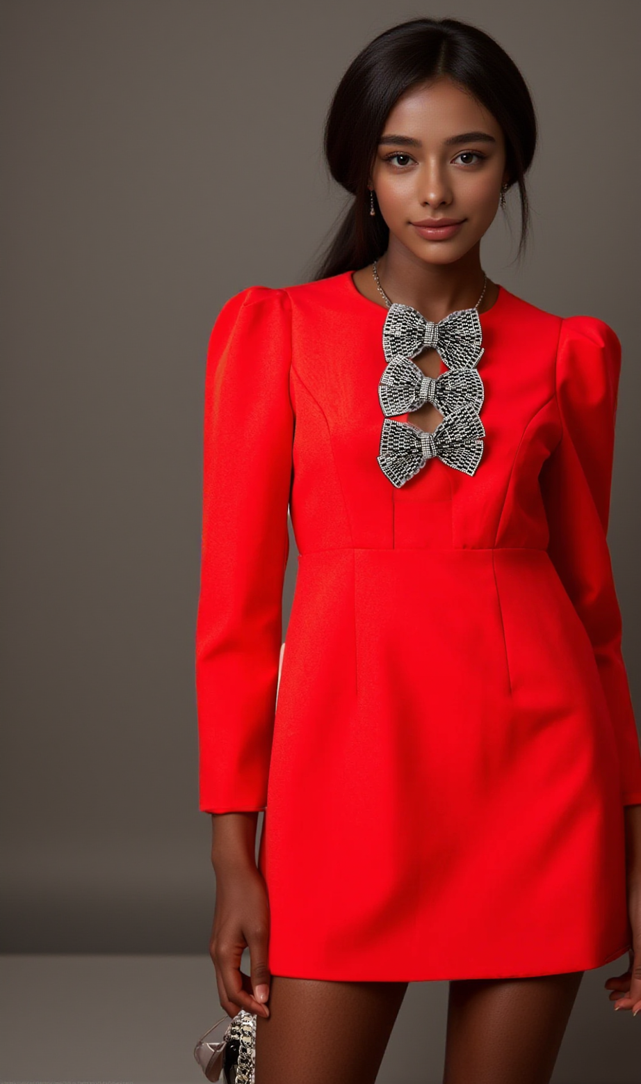 Clemence red studded-bow split mini dress