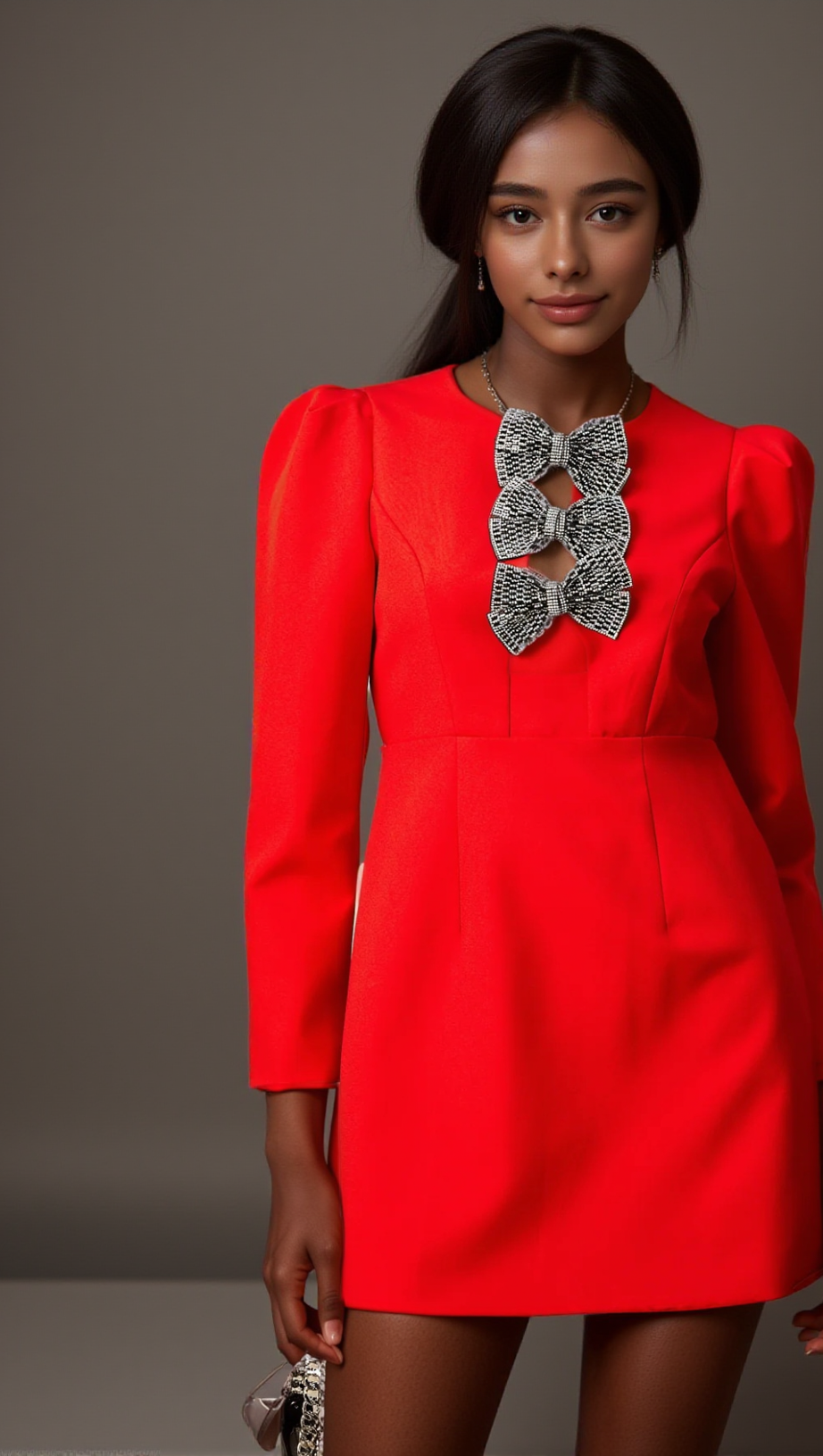 CLEMENCE RED STUDDED-BOW SPLIT MINI DRESS