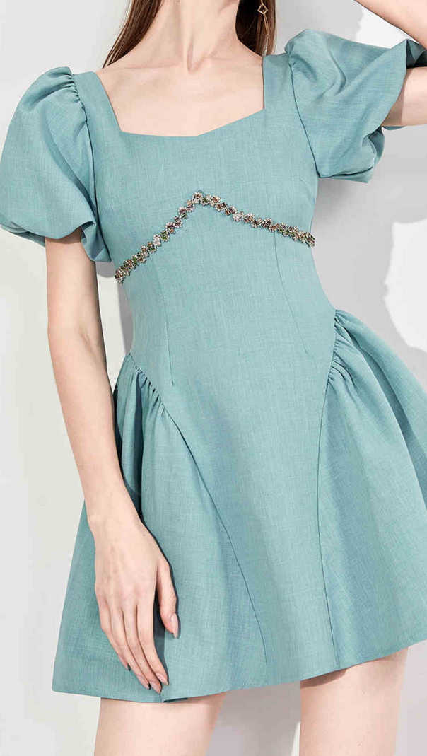 AIIZIE PUFF SLEEVES WAIST-TIGHTENING MINI DRESS IN GREEN - product image
