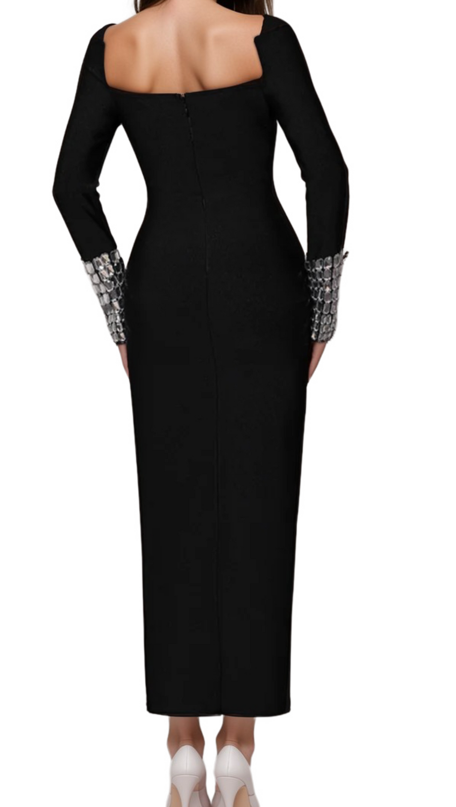 BREENDA SQUARE NECK DIAMOND TIGHT BANDAGE MAXI DRESS IN BLACK