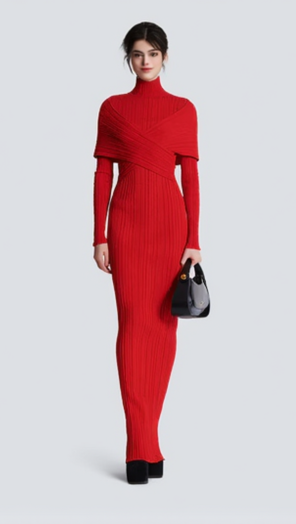 AIIZIE LONG SLEEVE PLEATED KNIT MAXI DRESS IN RED - product image