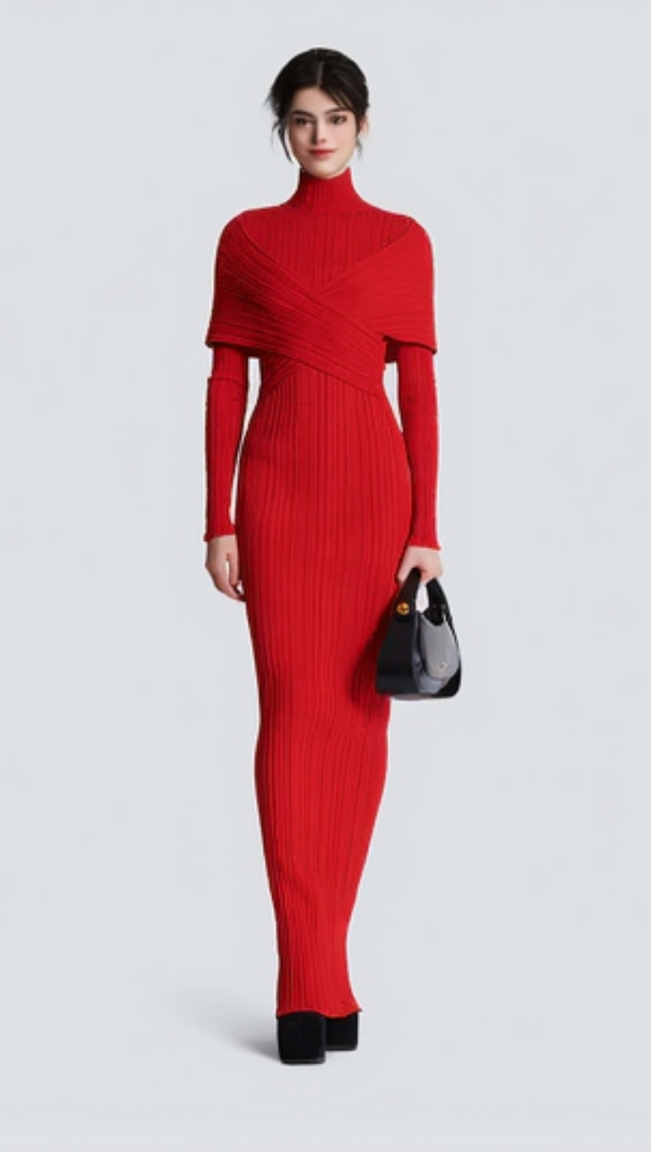 LONG SLEEVE PLEATED KNIT MAXI DRESS IN RED