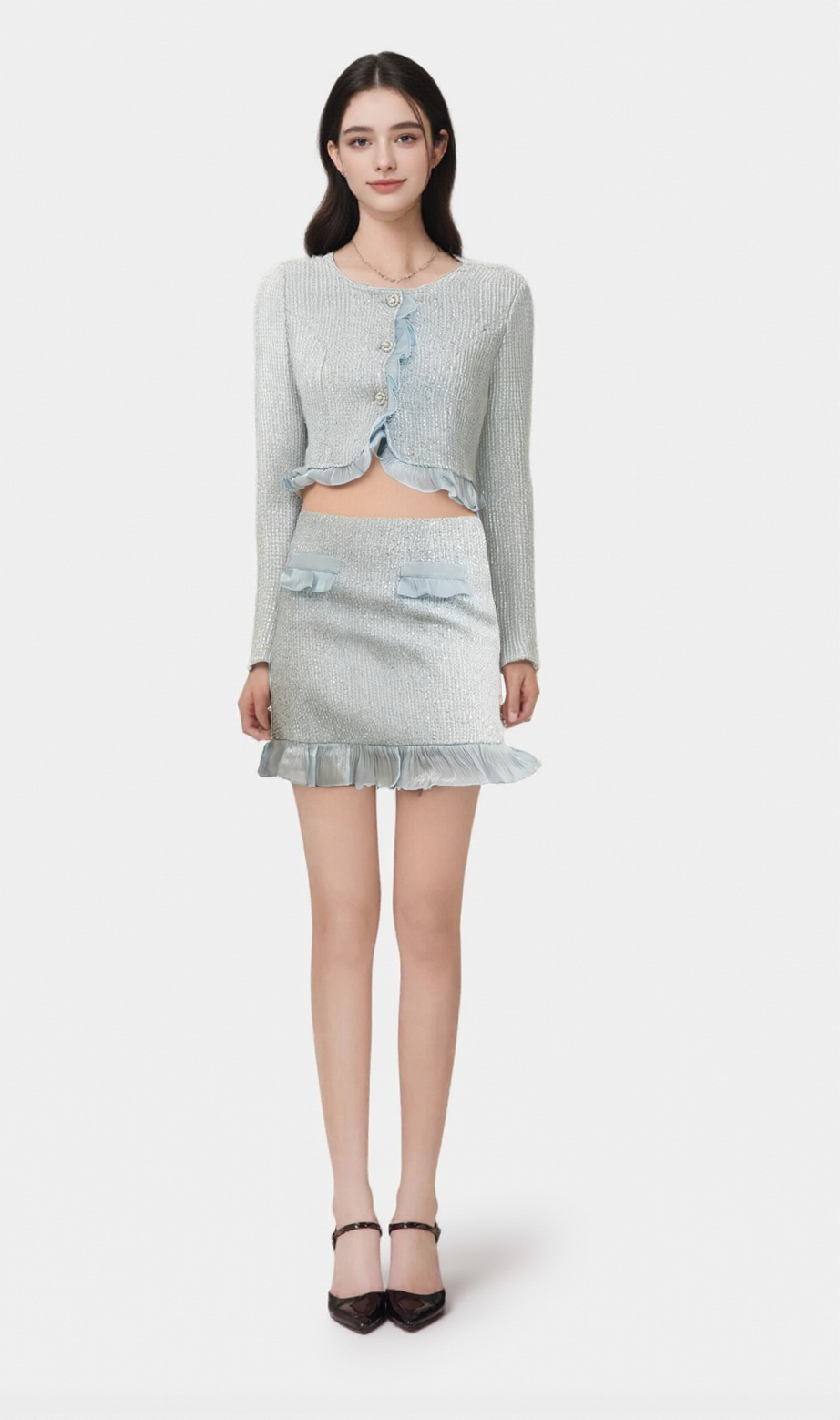 Completo coordinato con blazer e gonna in tweed con volant Viviane 