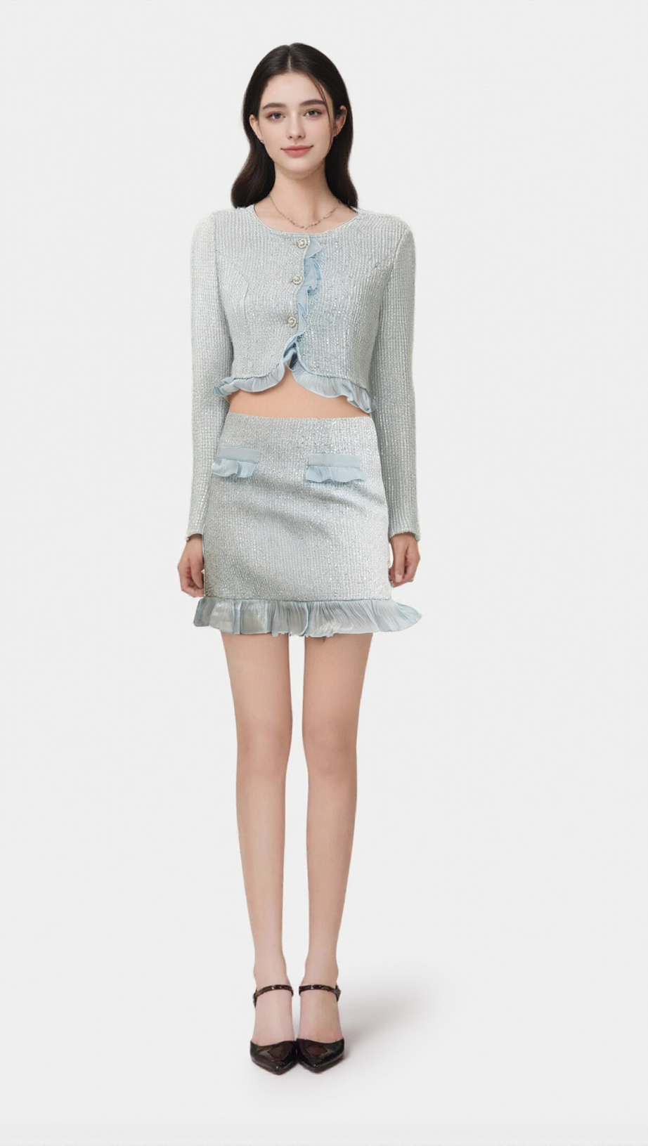 VIVIANE RUFFLED TWEED BLAZER & SKIRT MATCHING SET