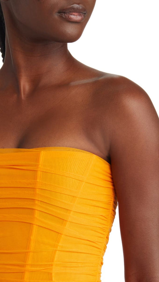 AIIZIE STRAPLESS CORSET MIDI DRESS IN ORANGE - product image