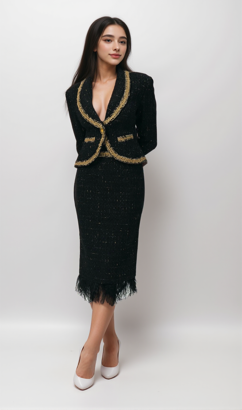 BLACK TWEED BLAZER AND SKIRT SET WITH GOLD TRIM AND FEATHER DETAILING