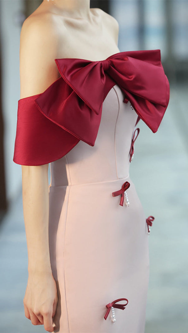 AIIZIE FAUX PEARL BOW MIDI DRESS IN PALE PINK - product image