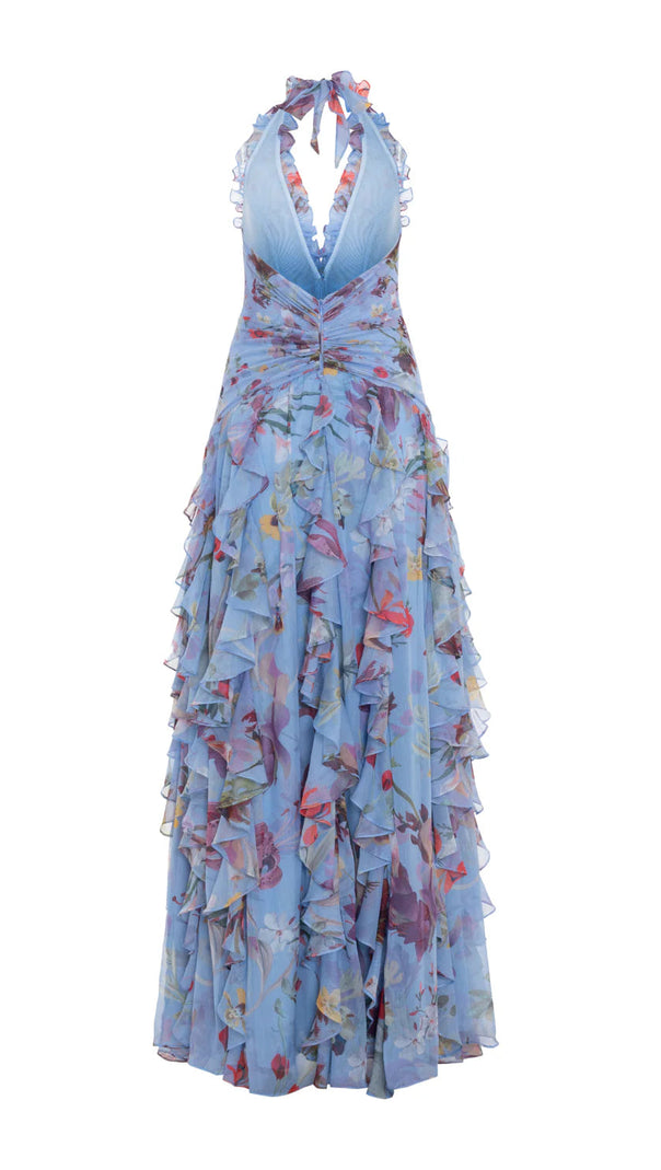 AIIZIE FLORAL HALTER RUFFLE TULLE MAXI DRESS IN BLUE - product image