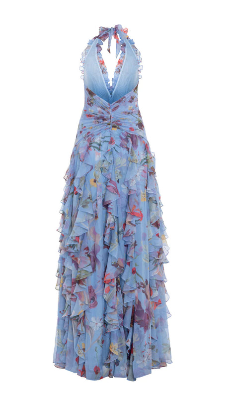 FLORAL HALTER RUFFLE TULLE MAXI DRESS IN BLUE