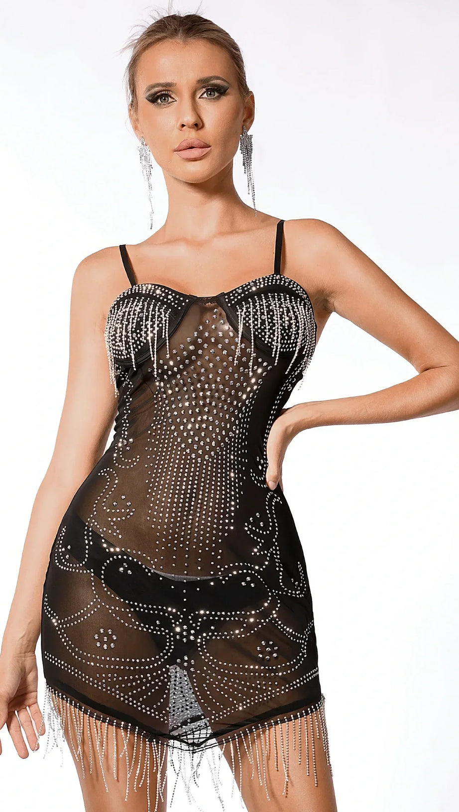 DOVE MESH RHINESTONE SPAGHETTI STRAP FRINGE DRESS