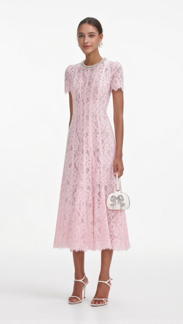 AIIZIE SEQUIN FLORAL LACE MIDI DRESS IN PINK - product image