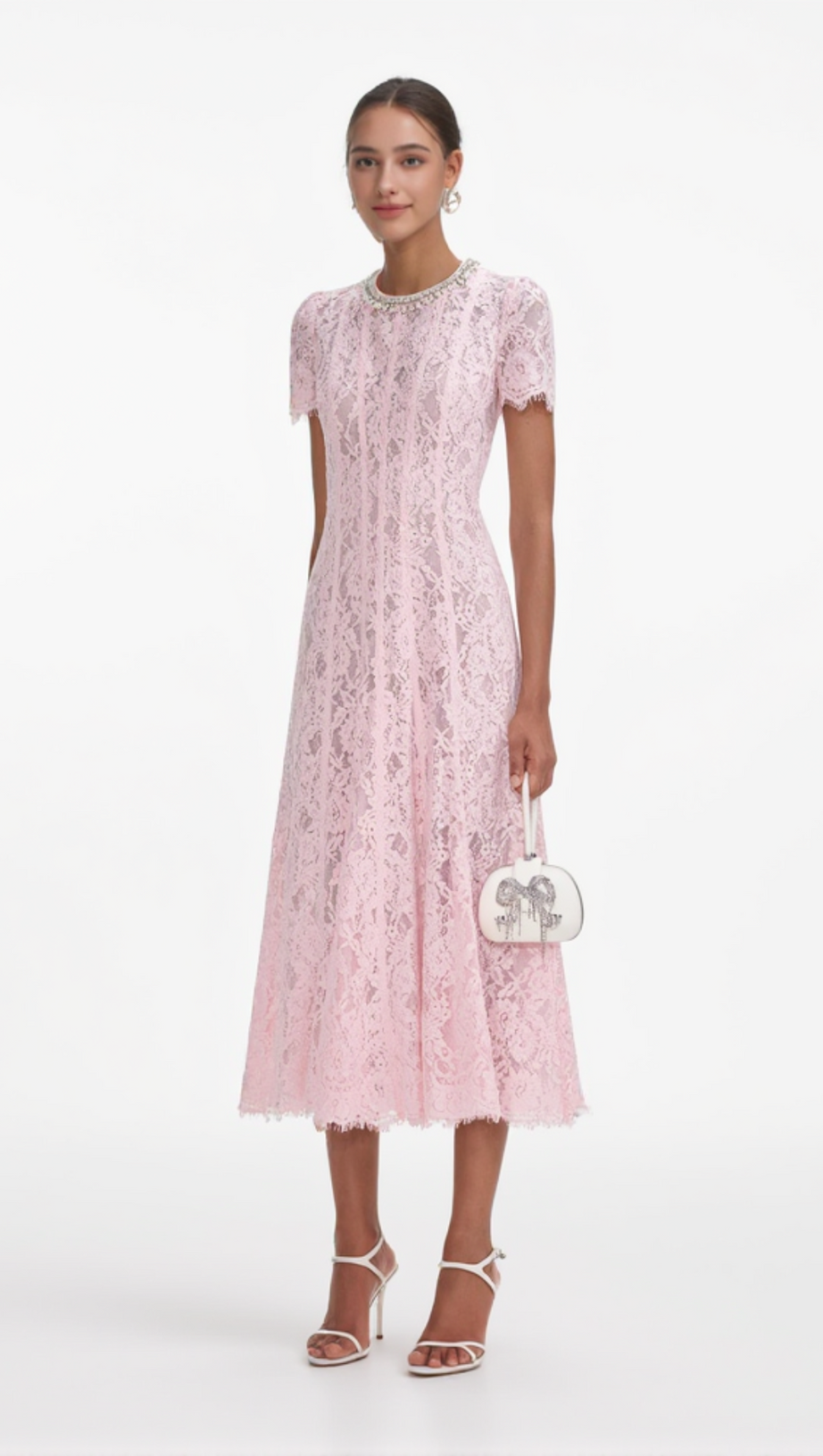 Midikleid aus floraler Spitze mit Pailletten in Rosa