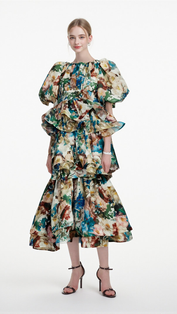 Marianne gestuftes Midikleid mit Blumendruck 