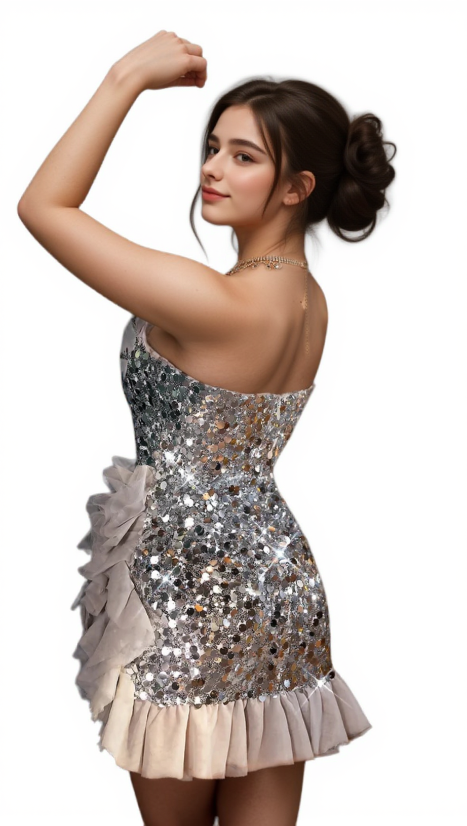 AMANDA ONURIS RUFFLE SEQUIN MINI DRESS IN GREY