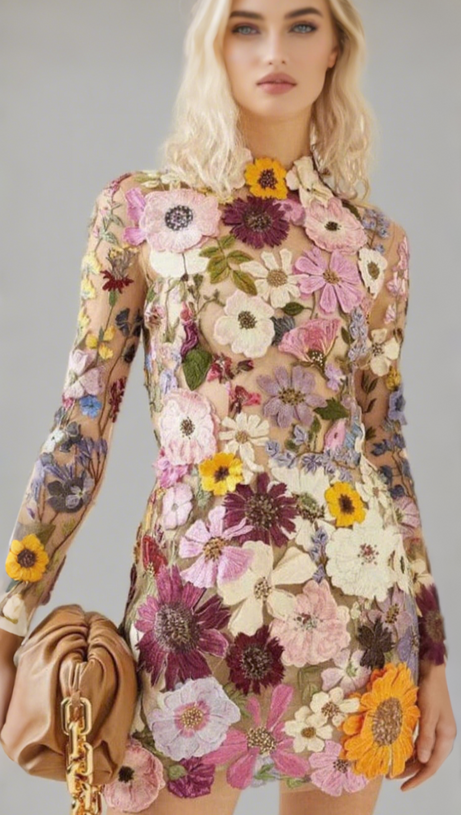 EMBROIDERED FLOWER LONG SLEEVE MINI DRESS