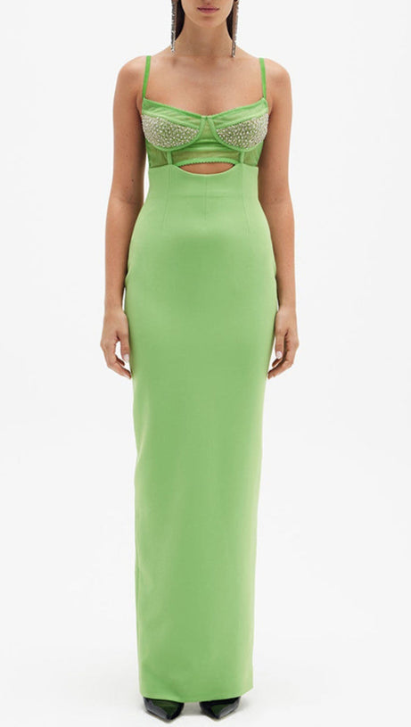 GREEN BEADING BANDAGE MIDI DRESS