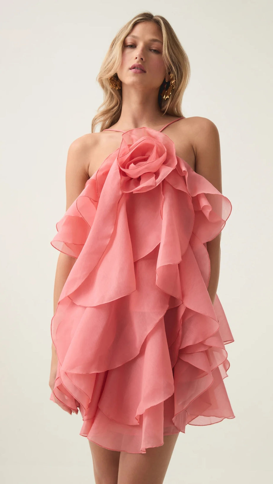 LORRAINE HALTER FLORAL RUFFLE LAYERED MINI DRESS IN ORANGE