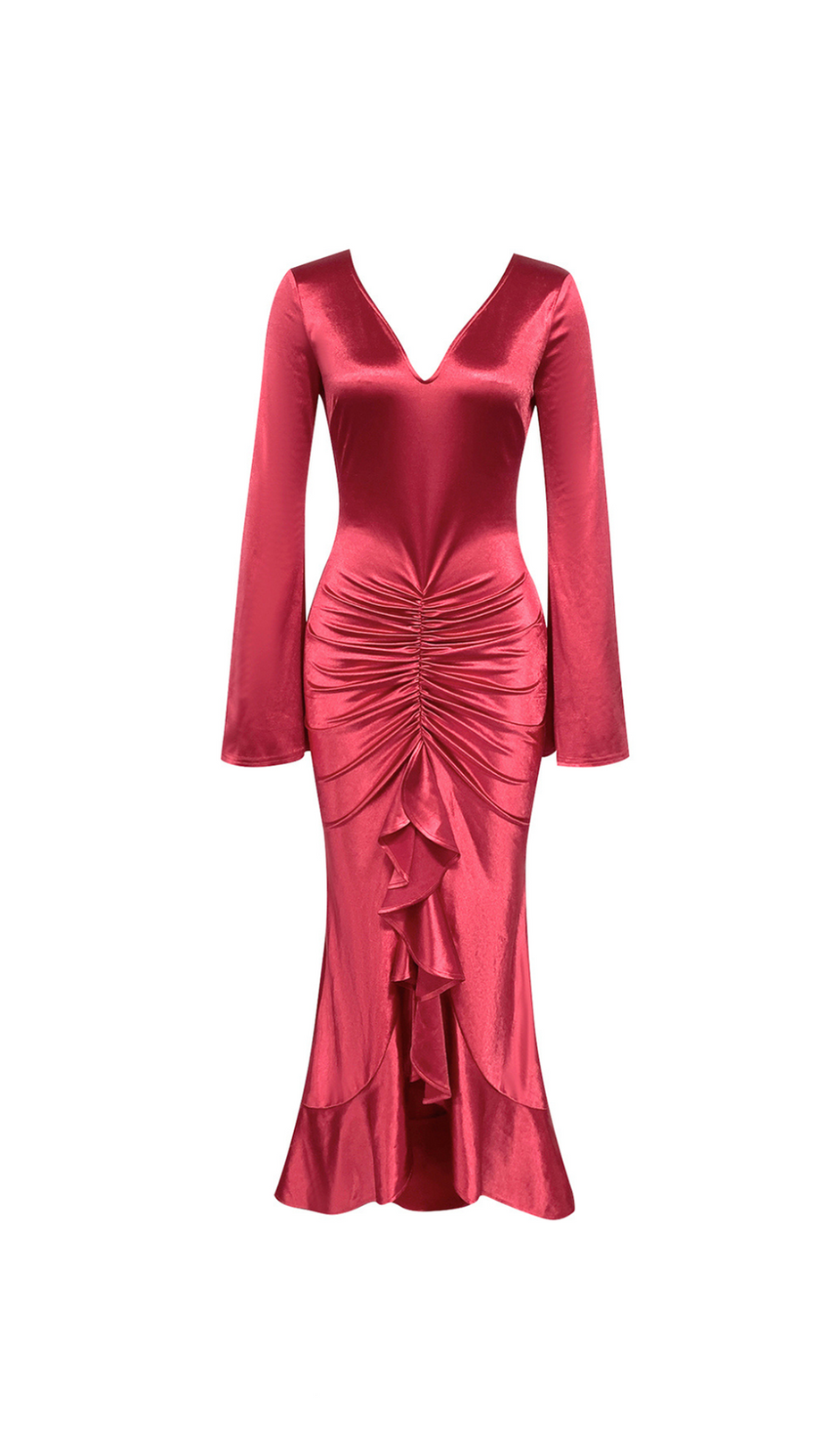 CECILIA RUFFLE TRIM HIGH SLIT MAXI BODYCON DRESS IN RED