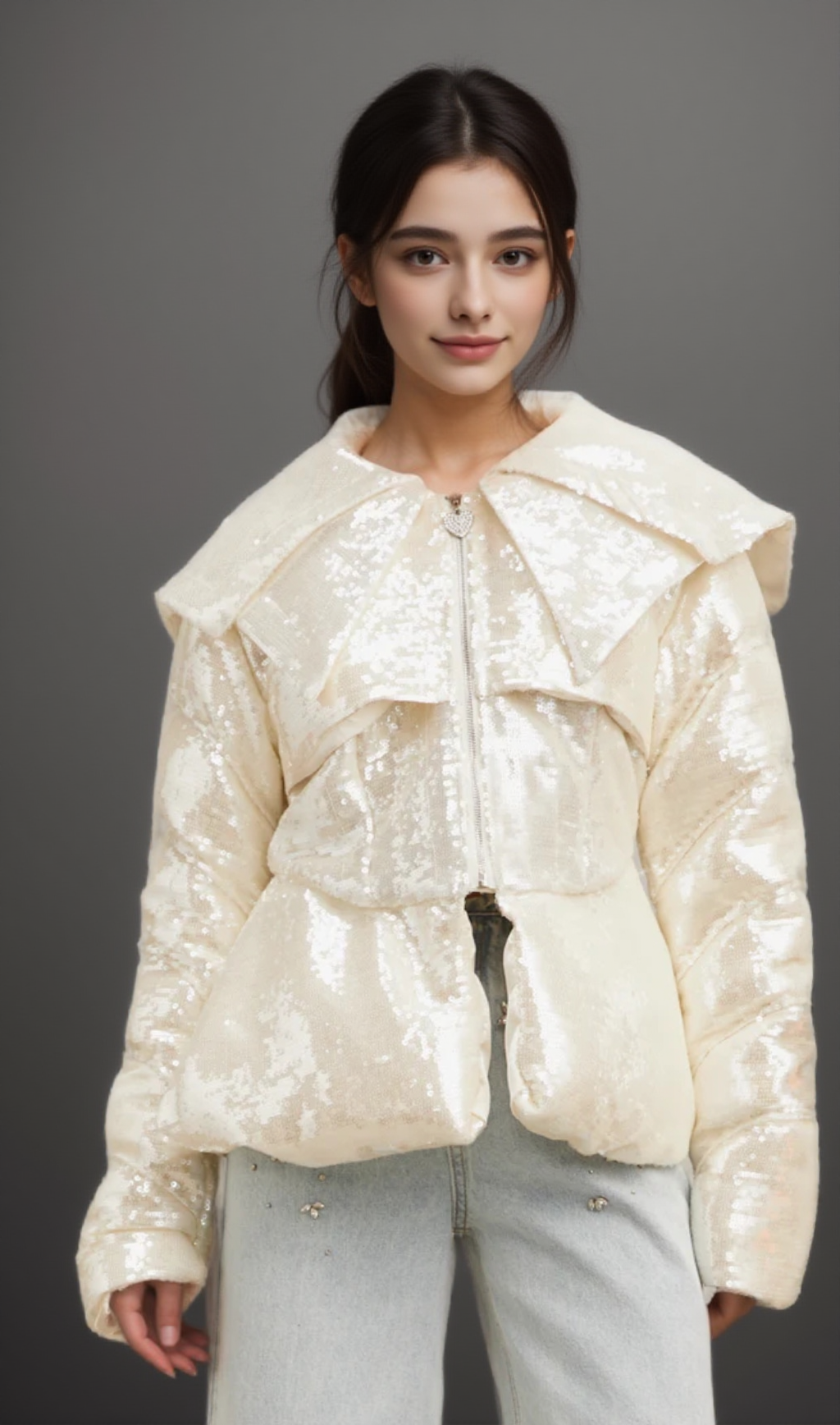JOSLYN WHITE SEQUINED DOWN COAT
