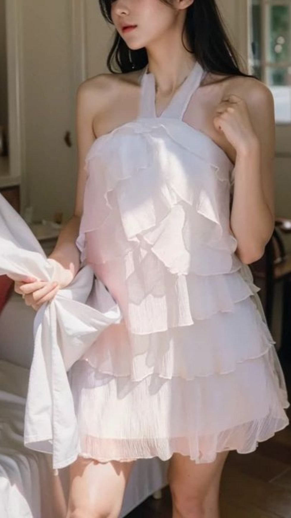 HALTER NECK CHIFFON MINI DRESS IN WHITE