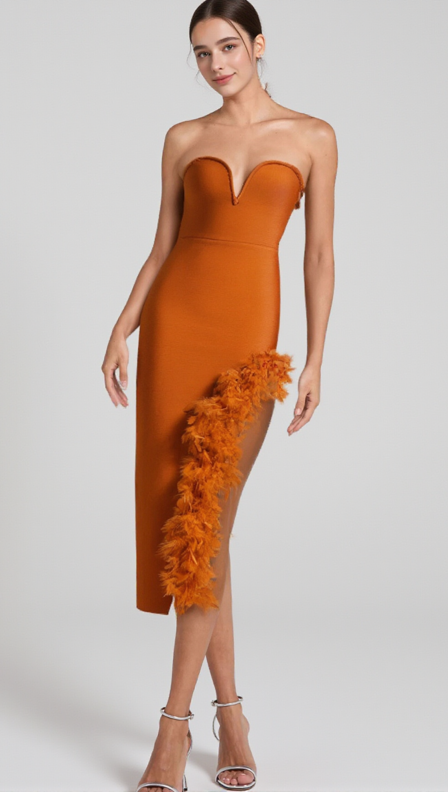 OSTRICH FEATHER BANDAGE DRESS WITH V-NECKLINE IN BROWN