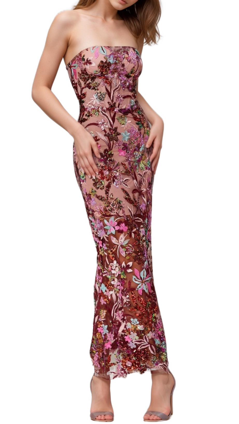 ARABELA CHACHI RED STRAPLESS FLOWER EMBROIDERY MAXI DRESS