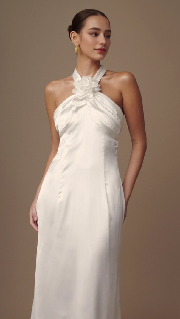 AIIZIE DYLAN ROSE HALTER MAXI DRESS IN WHITE - product image