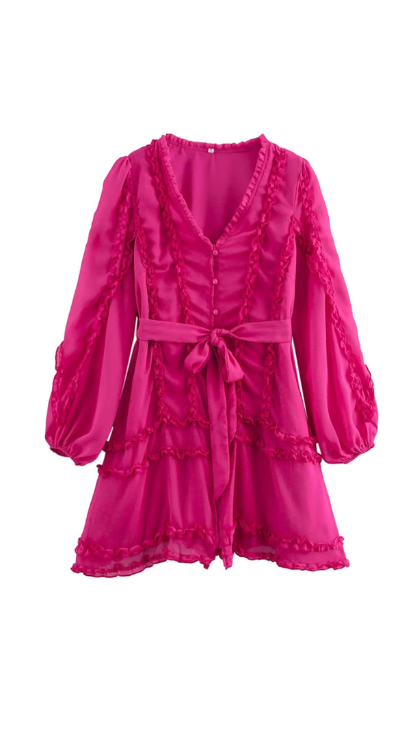 Lara Chiffon-Minikleid mit Blumensaum in Rosarot