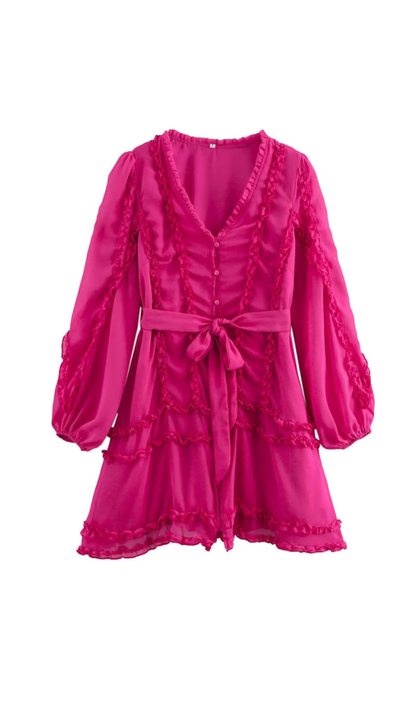 Lara Chiffon flower hem Mini Dress in rose red