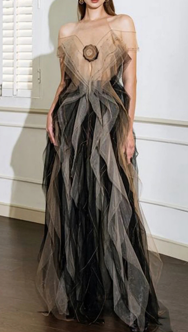 AIIZIE VALERIE FLORAL RUFFLED TULLE MAXI DRESS IN BLACK - product image