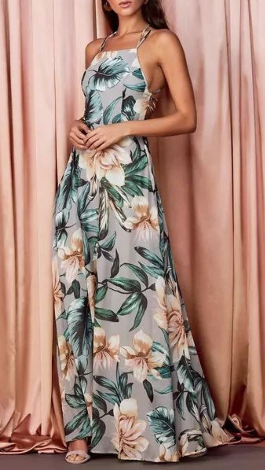 GREY FLORAL PRINT LACE-UP MAXI DRESS